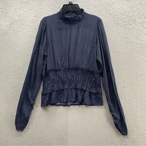 NORR Navy White Polka Long Sleeve Smocked High Neck Top Blouse Women's Size M